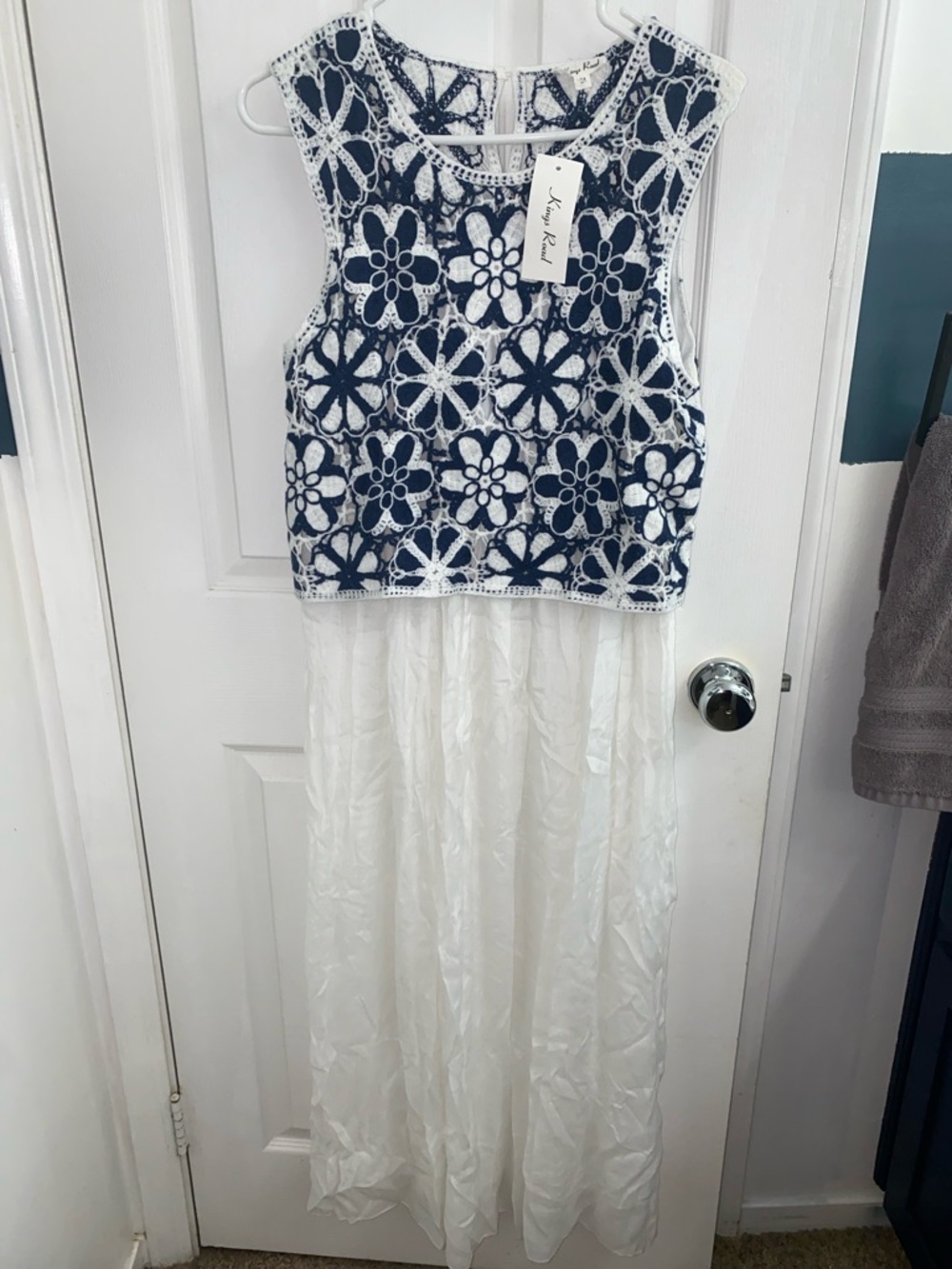 White Maxi Dress with Navy Floral Crochet Bodice - Picture 2 of 7